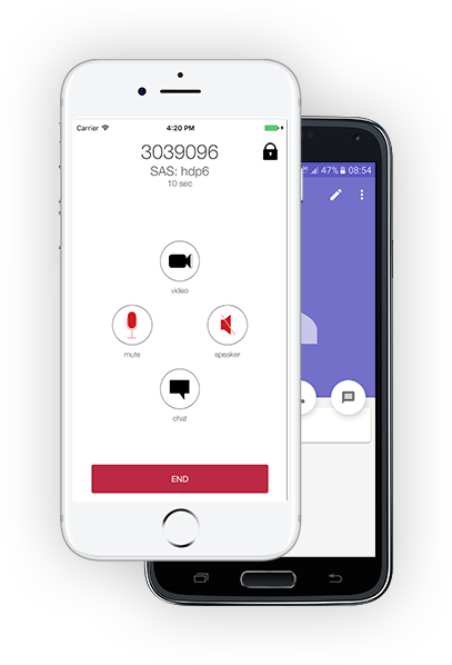 mobile phone screenshots showing the Roka Com app for secure communications